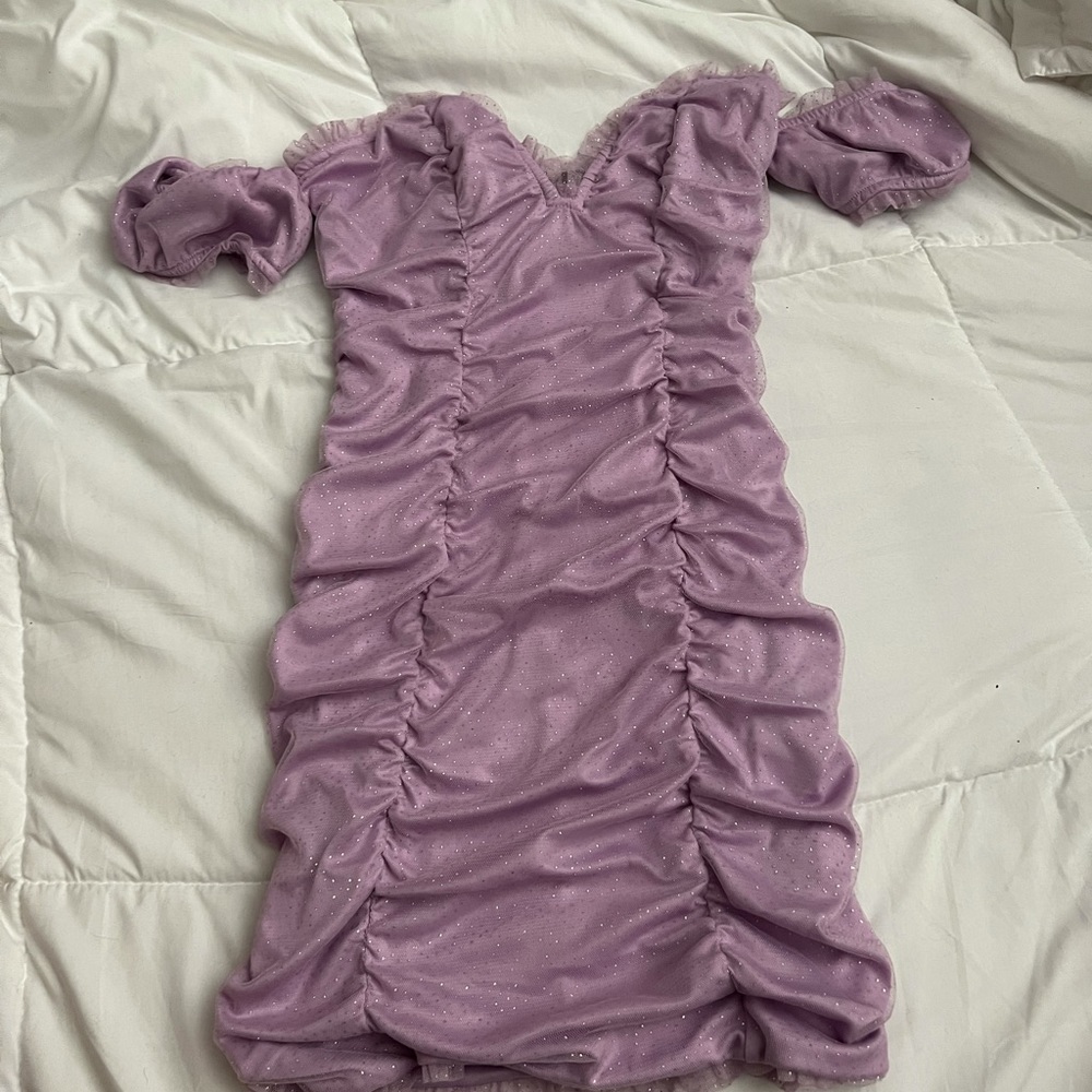 purple off the shoulder dress